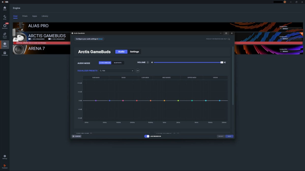 SteelSeries GG software, showcasing Arctis GameBuds configuration.