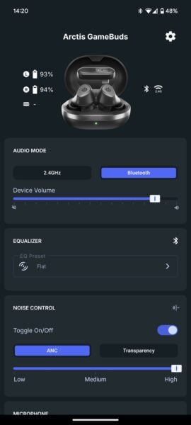 Arctis app, showcasing configurations for Arctis GameBuds on mobile.