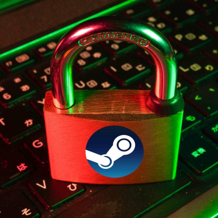 Steam logo superimposed on a golden padlock, resting on a laptop keyboard, bathed in red-green light.