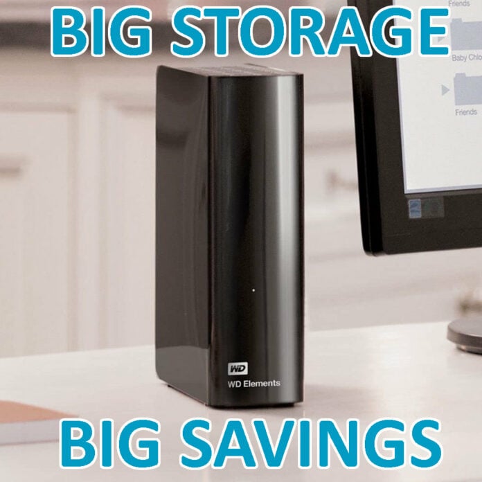 WD Elements HDD sitting atop a desk, surrounded by the words 'Big Storage' (top) and 'Big Savings' (bottom).