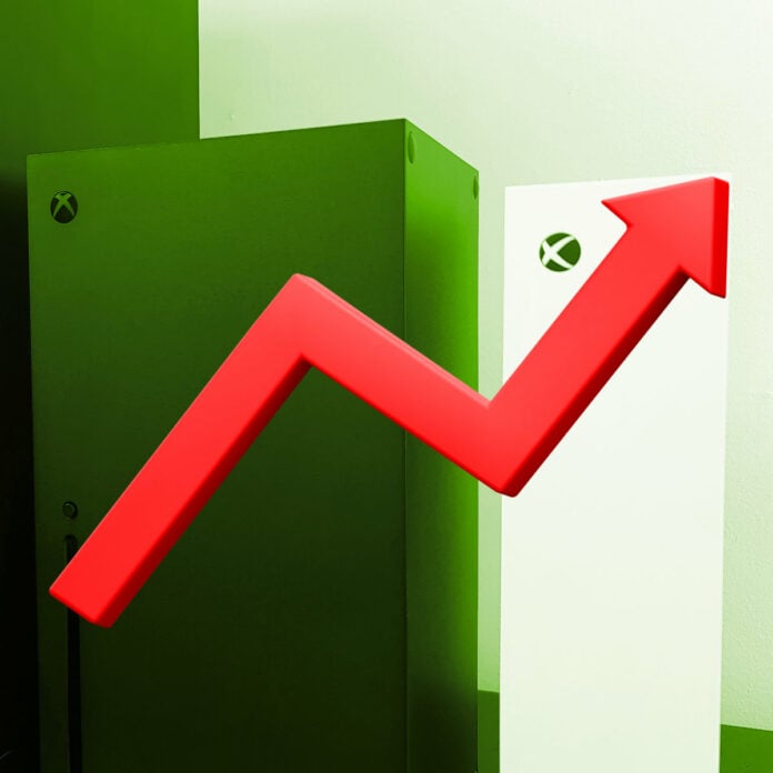 Xbox consoles with a rising arrow in front of them.