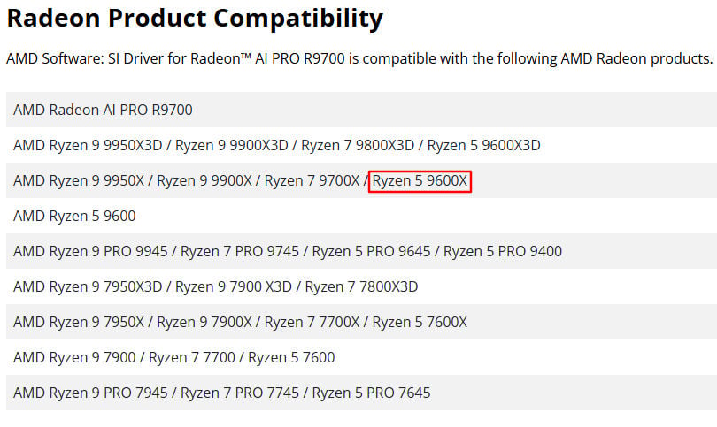 AMD Ryzen 5 9600X3D appears in an official driver support list.