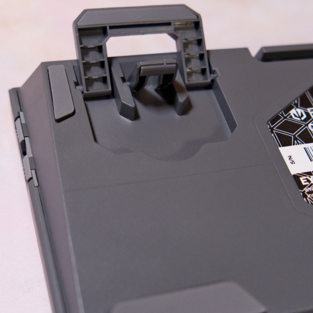 Underside of Celeris 1800 gaming keyboard, showing its extended feet.
