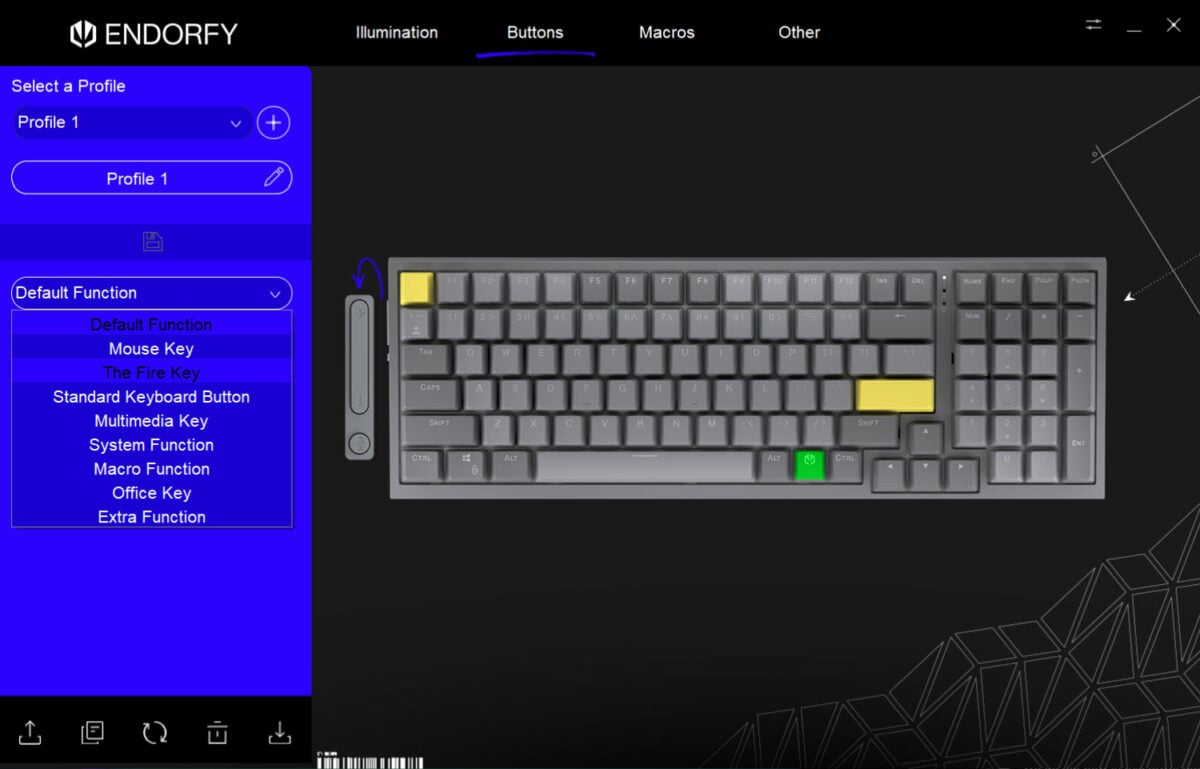 Endorfy Celeris 1800 gaming keyboard software, specifically the buttons tab.