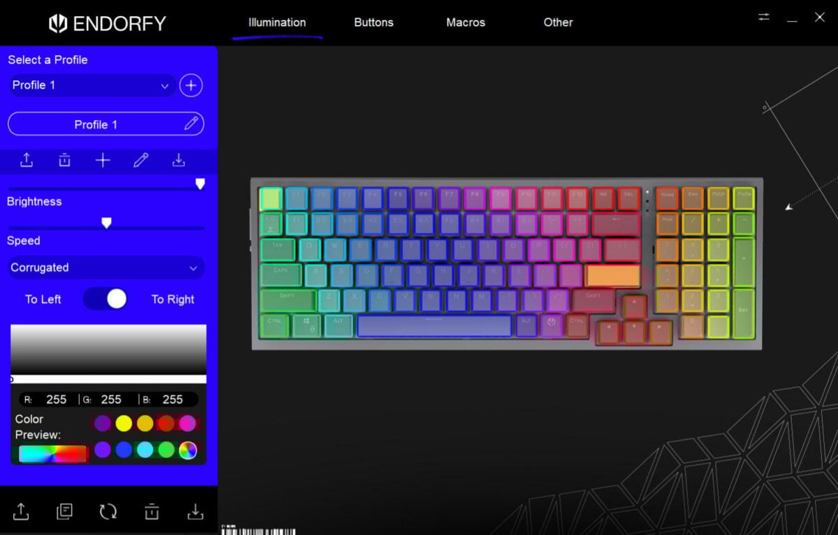 Endorfy Celeris 1800 gaming keyboard software, specifically the illumination tab.