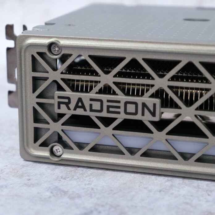 Close up of Radeon logo on the side of Sapphire Nitro+ Radeon RX 9060 XT 16GB.