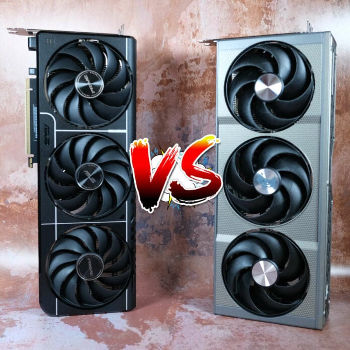 Asus GeForce RTX 5060 Ti 16GB Prime (left) standing vertically next to Sapphire Nitro+ Radeon RX 9060 XT 16GB (right) with a red 'versus' logo floating between them.