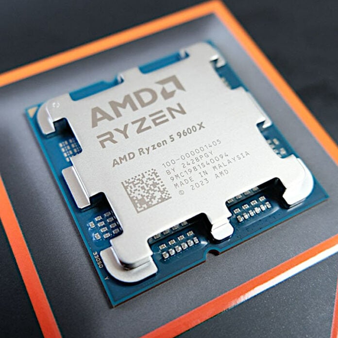 Close up of Ryzen 5 9600X atop its retail packaging.