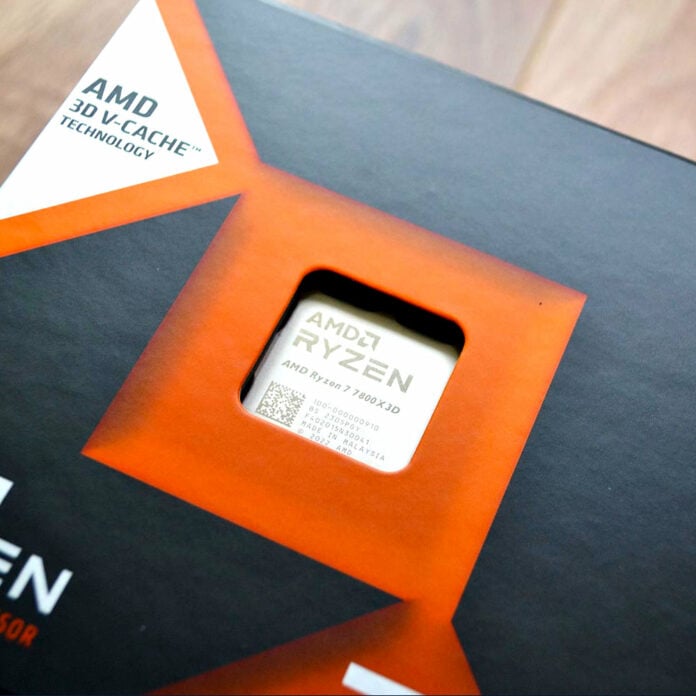 Close up of Ryzen 7 7800X3D inside its retail packaging.