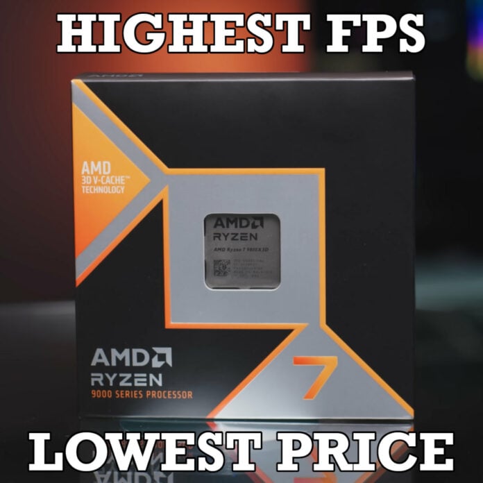 AMD Ryzen 7 9800X3D in its retail packaging, surrounded by text: 'Highest FPS' (top) and 'Lowest Price' (bottom).
