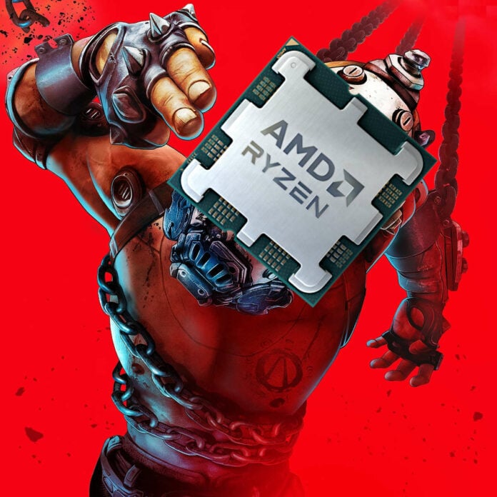 Borderlands 4 key art, featuring a psycho breaking free from their chains and making a gun finger, with a Ryzen CPU on his face.