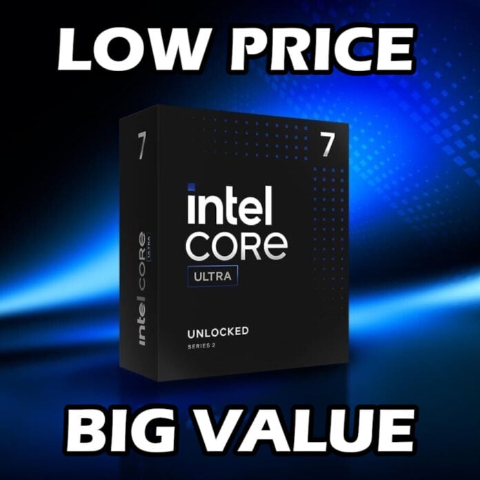 Core Ultra 7 265KF processor in its retail packaging, surrounded by text 'Low Price' (top) and 'Big Value' (bottom).