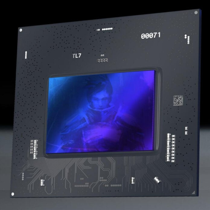A 3D render of a BMG GPU die, featuring an artistic rendering of a Battlemage.