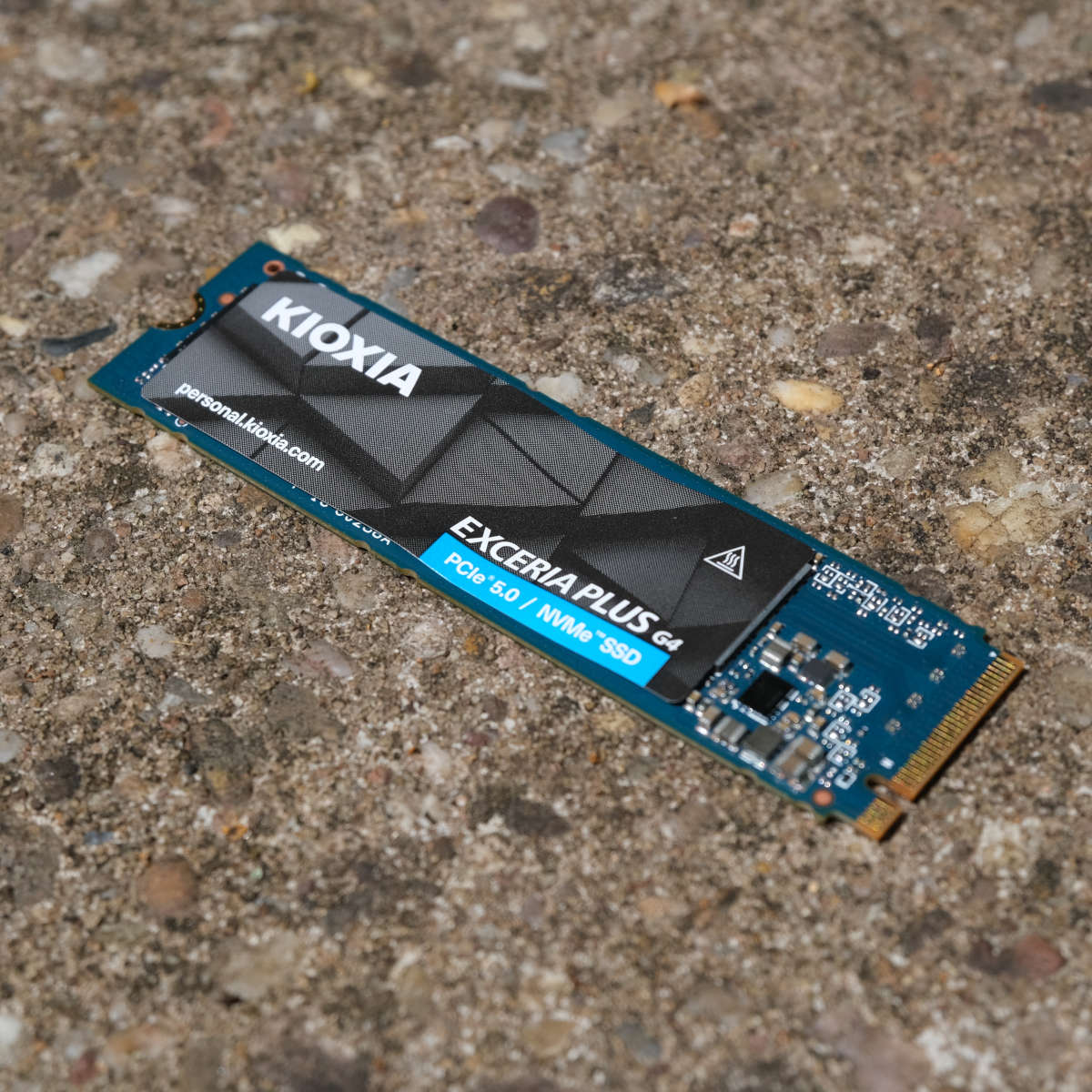 Kioxia Exceria Plus G4 2TB SSD rests on a bed of stone.