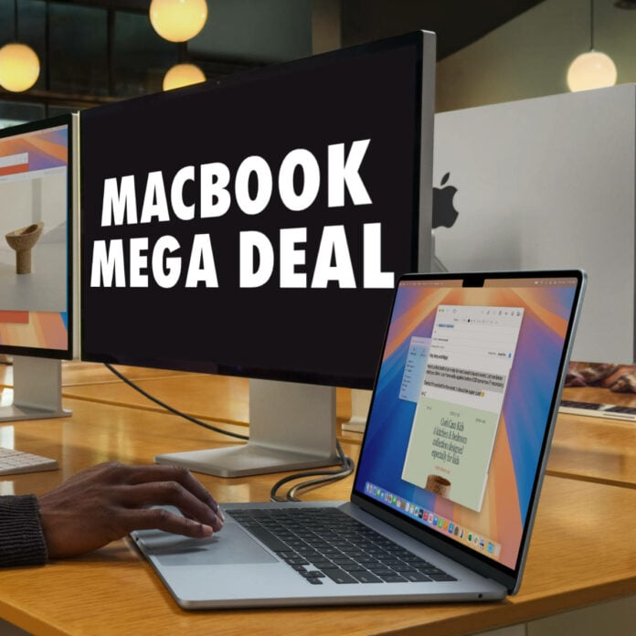 Apple MacBook next to a screen that says 
