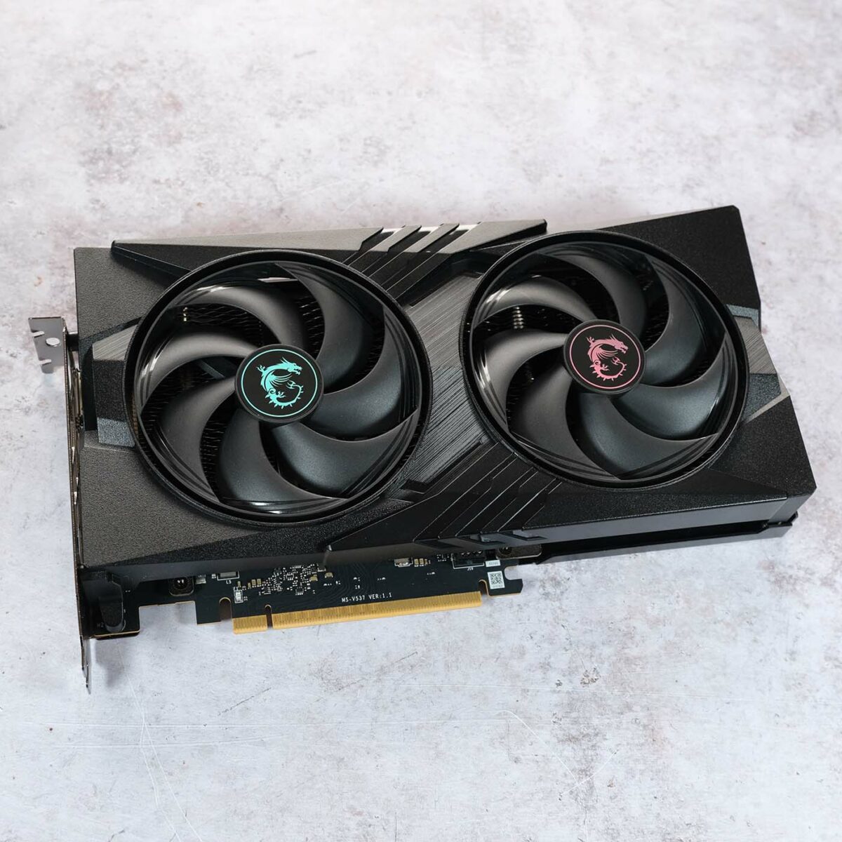 Wide shot of MSI GeForce RTX 5060 Gaming OC, showcasing its dual fan design.