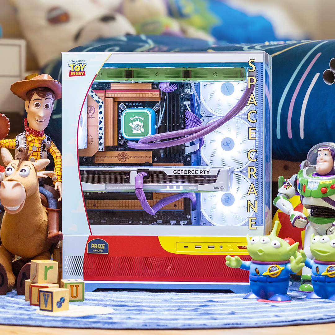 MSI Toy Story PC, surrounded by figures from the series.