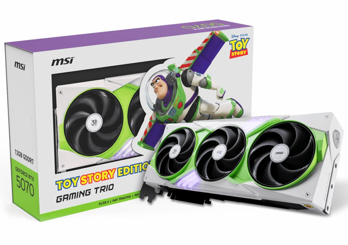 MSI GeForce RTX 5070 Gaming Trio Toy Story Edition, featuring the likeness and aesthetics of Buzz.