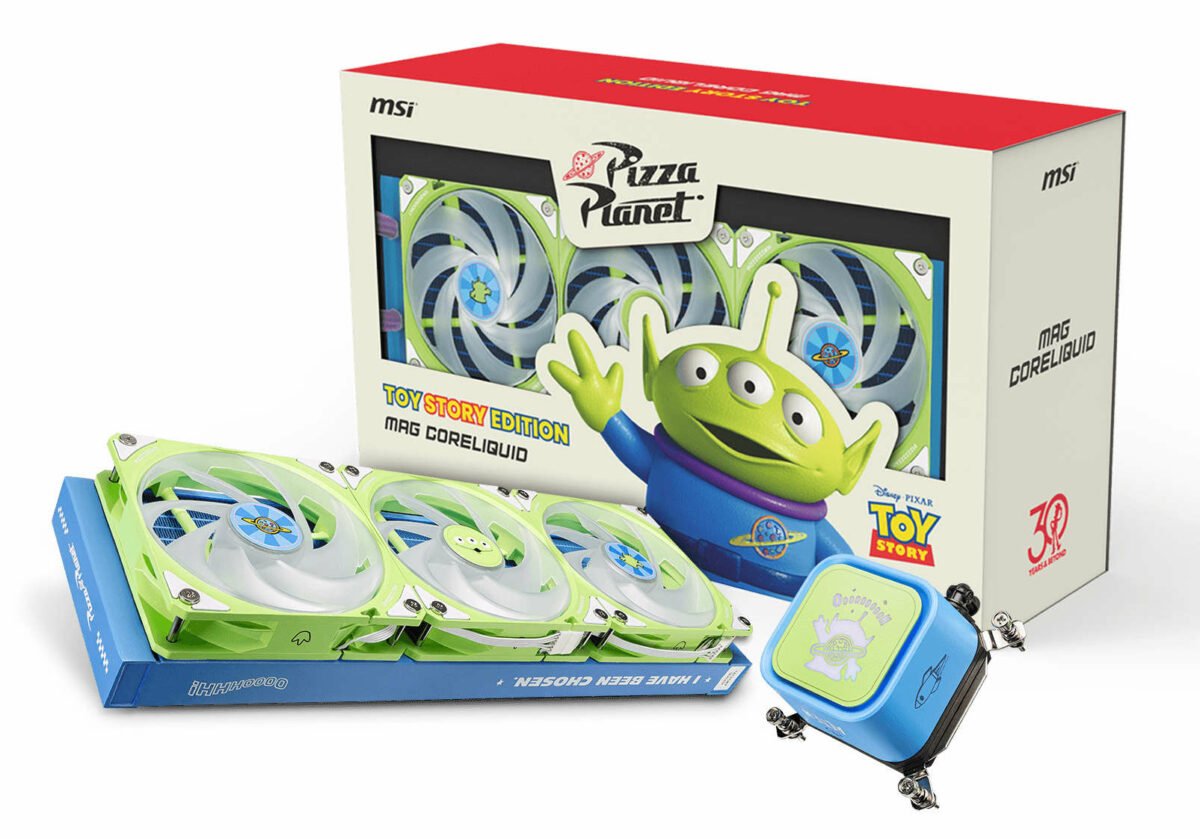 MSI MAG Coreliquid Toy Story Edition, featuring the likeness and aesthetics of the Little Green Men.