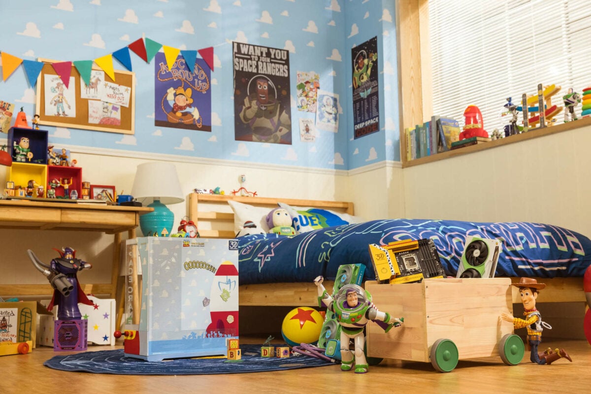 A bedroom, styled to mimic Andy's Room from Toy Story, featuring MSI PC components and action figures from the series.
