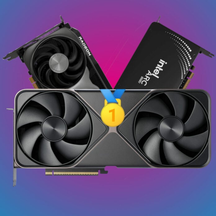 An Nvidia GeForce RTX 50 Series Founders Edition graphics card, wearing a gold medal, with an AMD Radeon RX 9000 Series GPU (top left) and Intel Arc B580 (top right) behind it.
