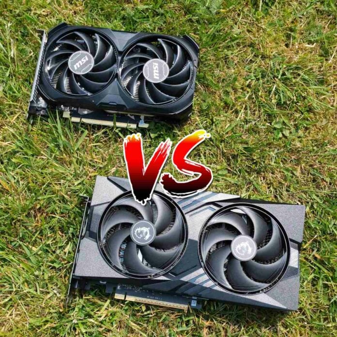 Nvidia GeForce RTX 5060 vs. RTX 4060 as both graphics cards lie on grass.
