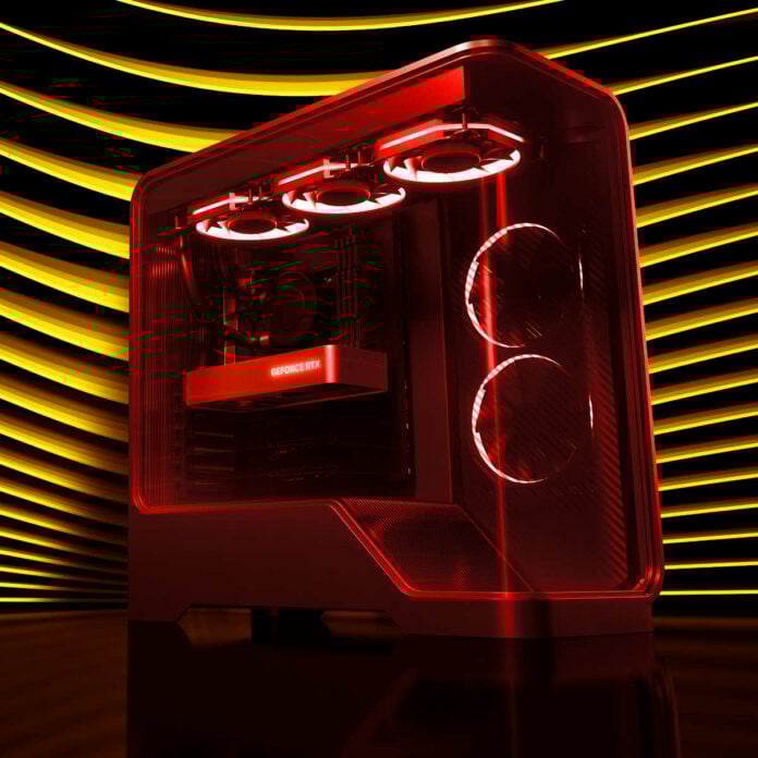 Nvidia RTX 5050 promotional image, colour shifted to be more red and yellow.