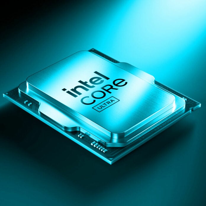 3D render of an Intel Core Ultra processor, tinted cyan.