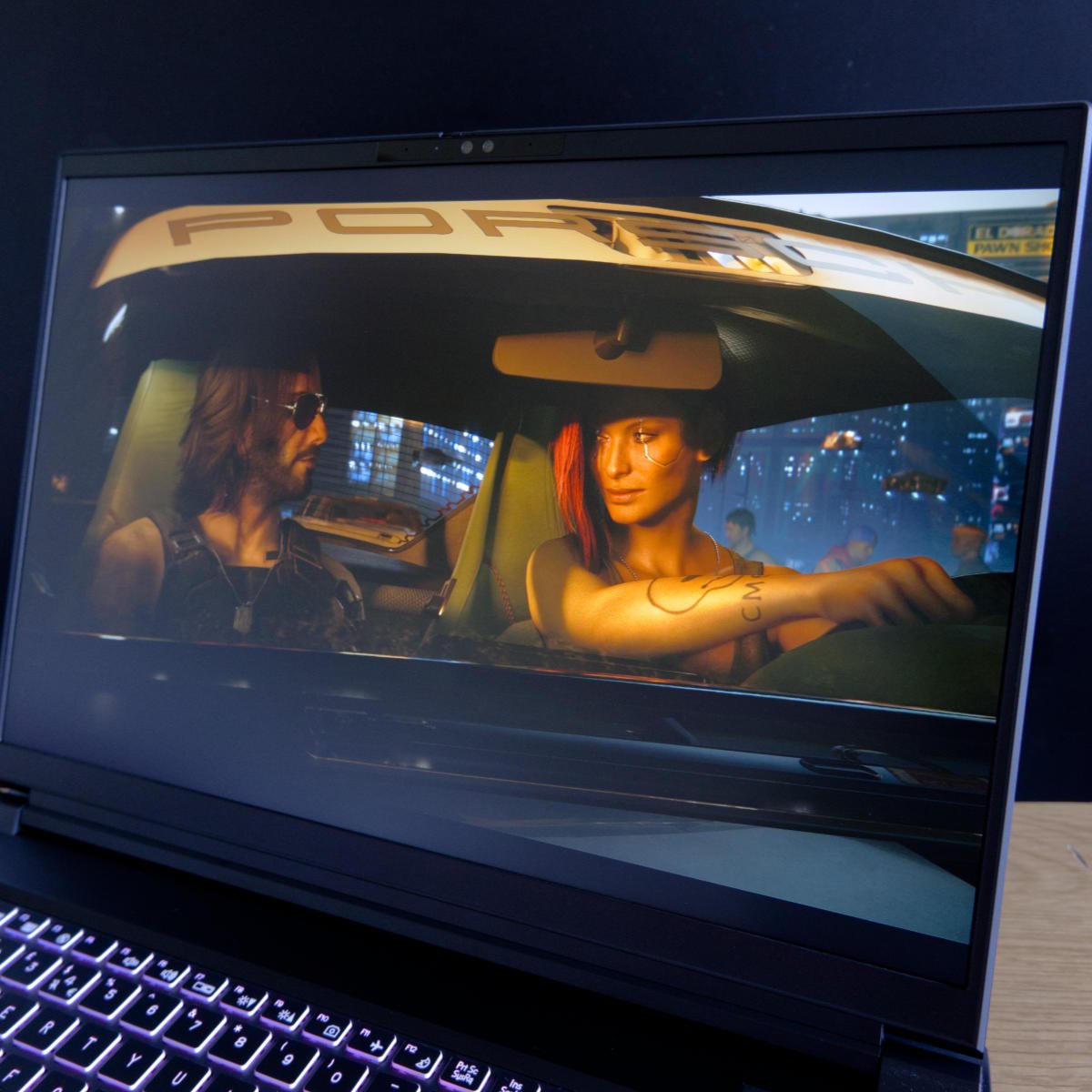 Screenshot from Cyberpunk 2077 as displayed on PCSpecialist Recoil 18.