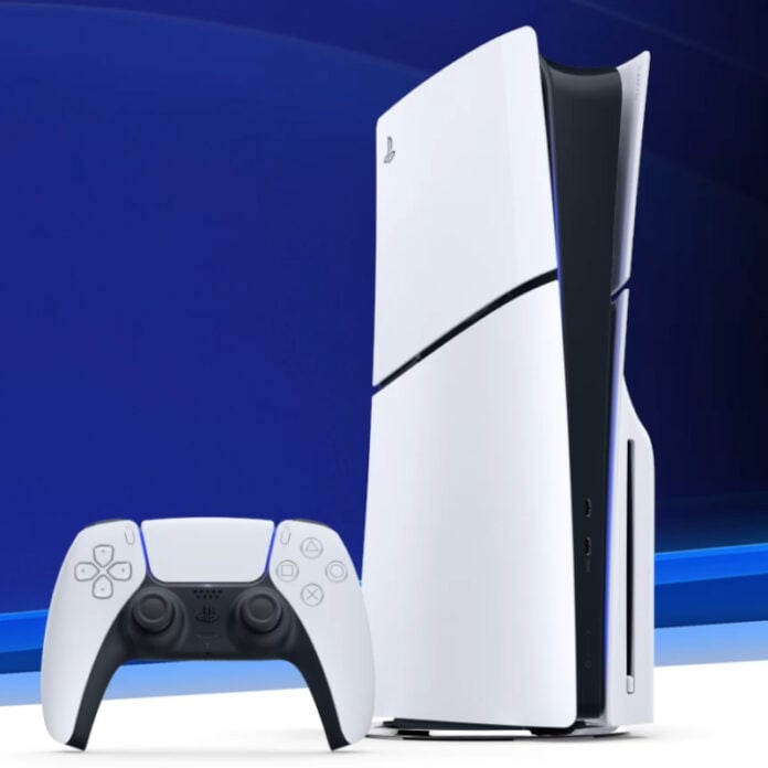 PlayStation 5 console (right) next to a DualSense controller (left).