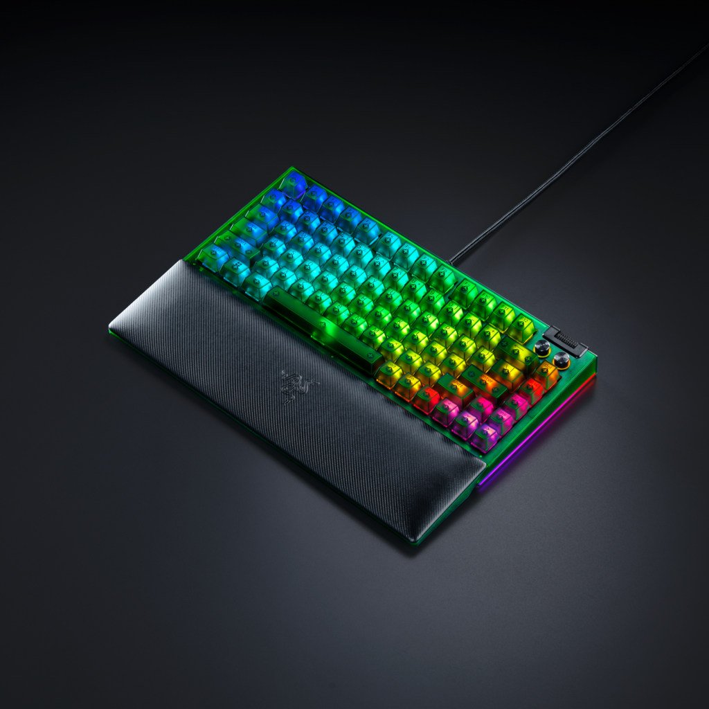 Razer BlackWidow V4 75% – Phantom Green Edition, its switches visible through its transparent keycaps alongside its RGB LEDs.