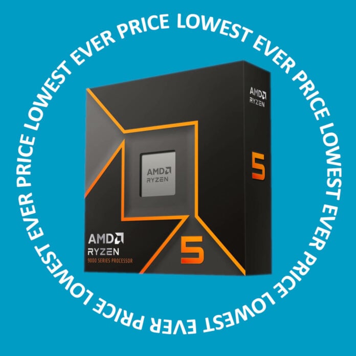 AMD Ryzen 5 9600X retail packaging surrounded by a circle of text reading 'lowest ever price' repeatedly.