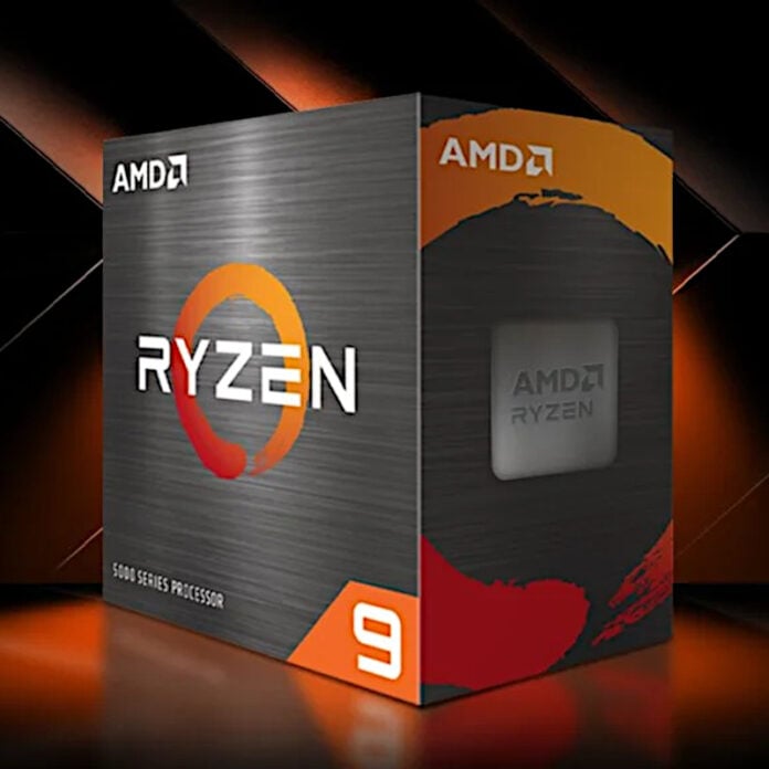 AMD Ryzen 9 5000 Series packaging, standing on a reflective surface with black chevrons in the background.