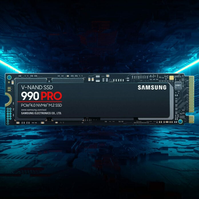Samsung 990 Pro SSD floating in a room with a blue hue.