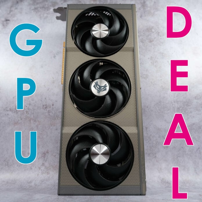 Sapphire Nitro+ Radeon RX 9070 XT 16GB GPU standing upright, surrounded by text 'GPU' (left) and 'DEAL' (right).