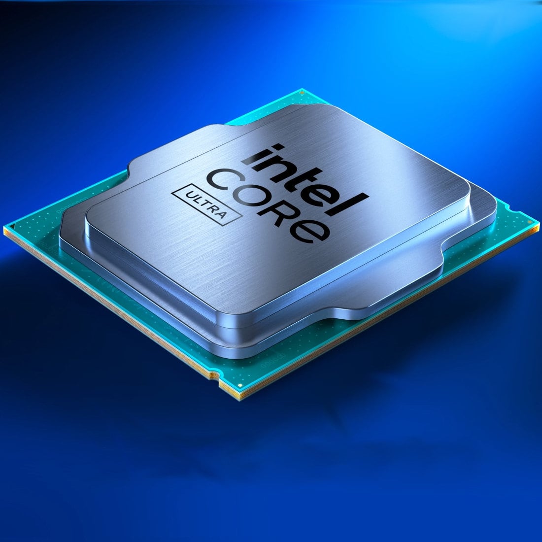 Intel Core Ultra CPU, laying flat against a blue background.