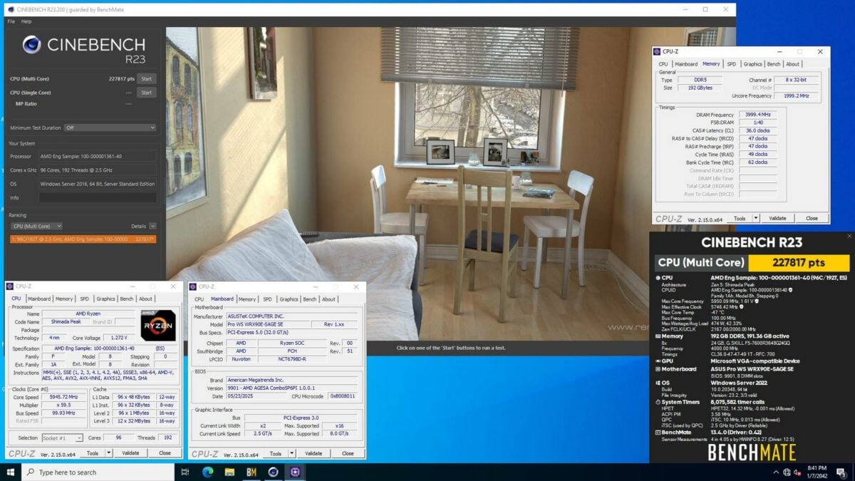 AMD Ryzen Threadripper Pro 9995WX Cinebench R23 overclocking record using Asus motherboard.
