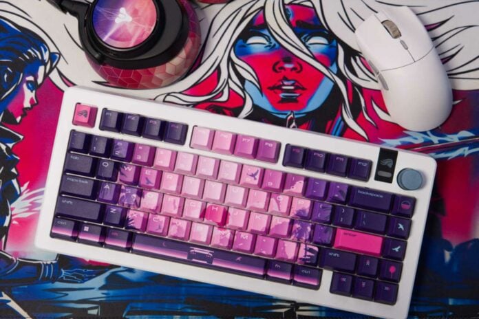 Damien Mason's peripheral setup, including lots of pinks, purples, and blues.