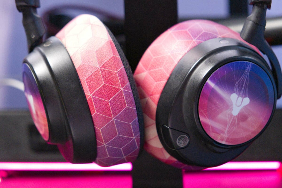 Damien Mason's SteelSeries Arctis Nova Pro Wireless headset with Destiny 2 ear plates and Wicked Cushions pads.