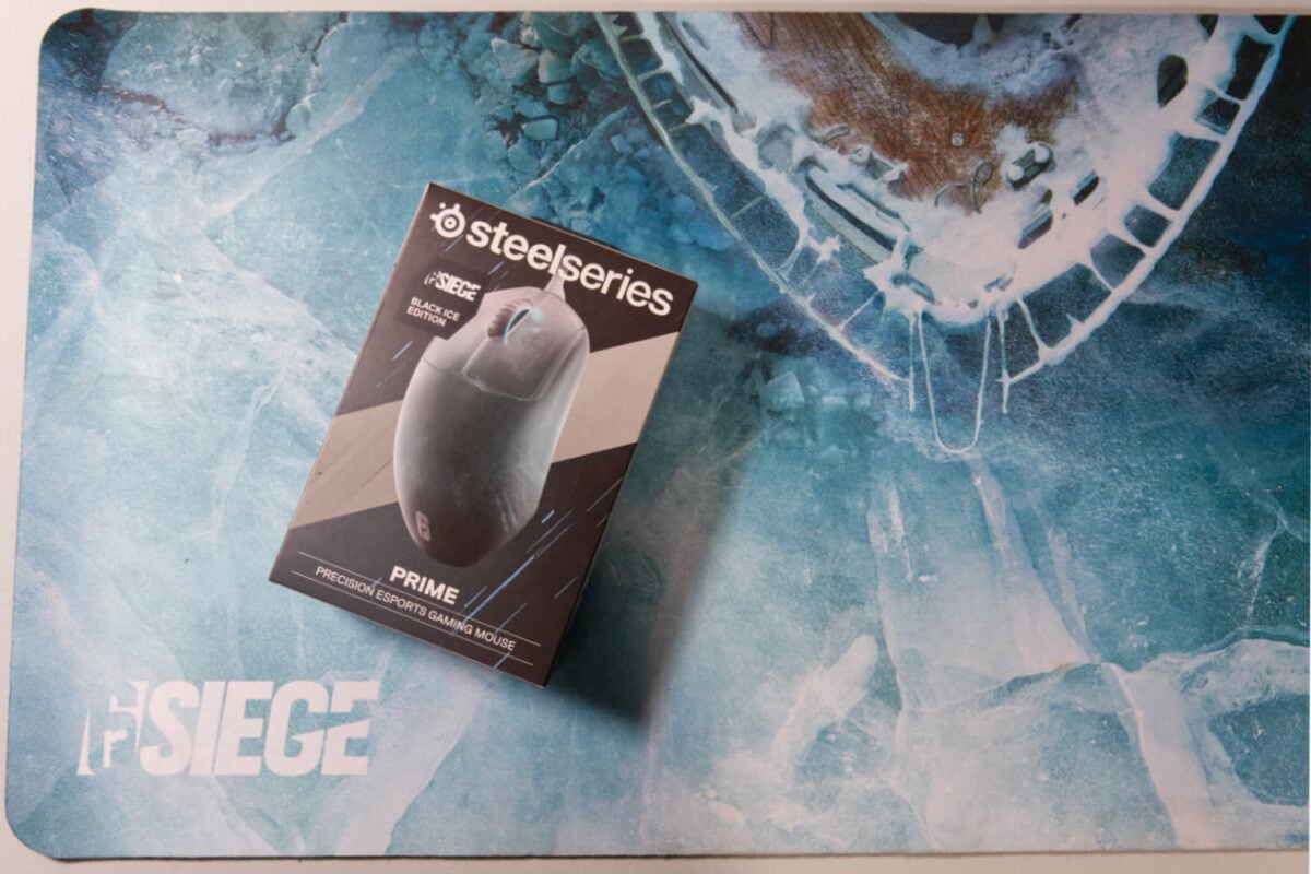 SteelSeries QcK XXL Black Ice Edition with a Prime Black Ice mouse boxed on top.