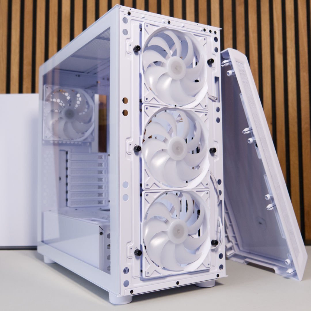 Endorfy Arx 700 White ARGB with its front panel removed.