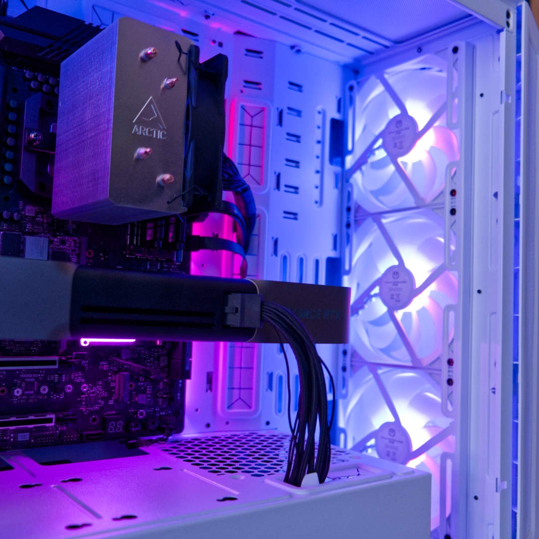 Endorfy Arx 700 White ARGB shining pink and blue lighting.