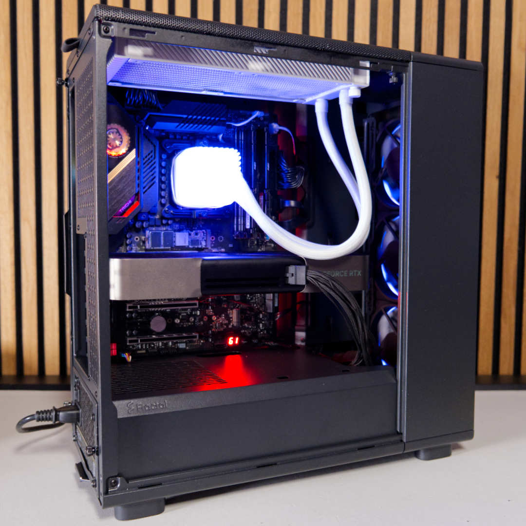 Fractal Design Epoch glowing like a Christmas tree with blue lights.