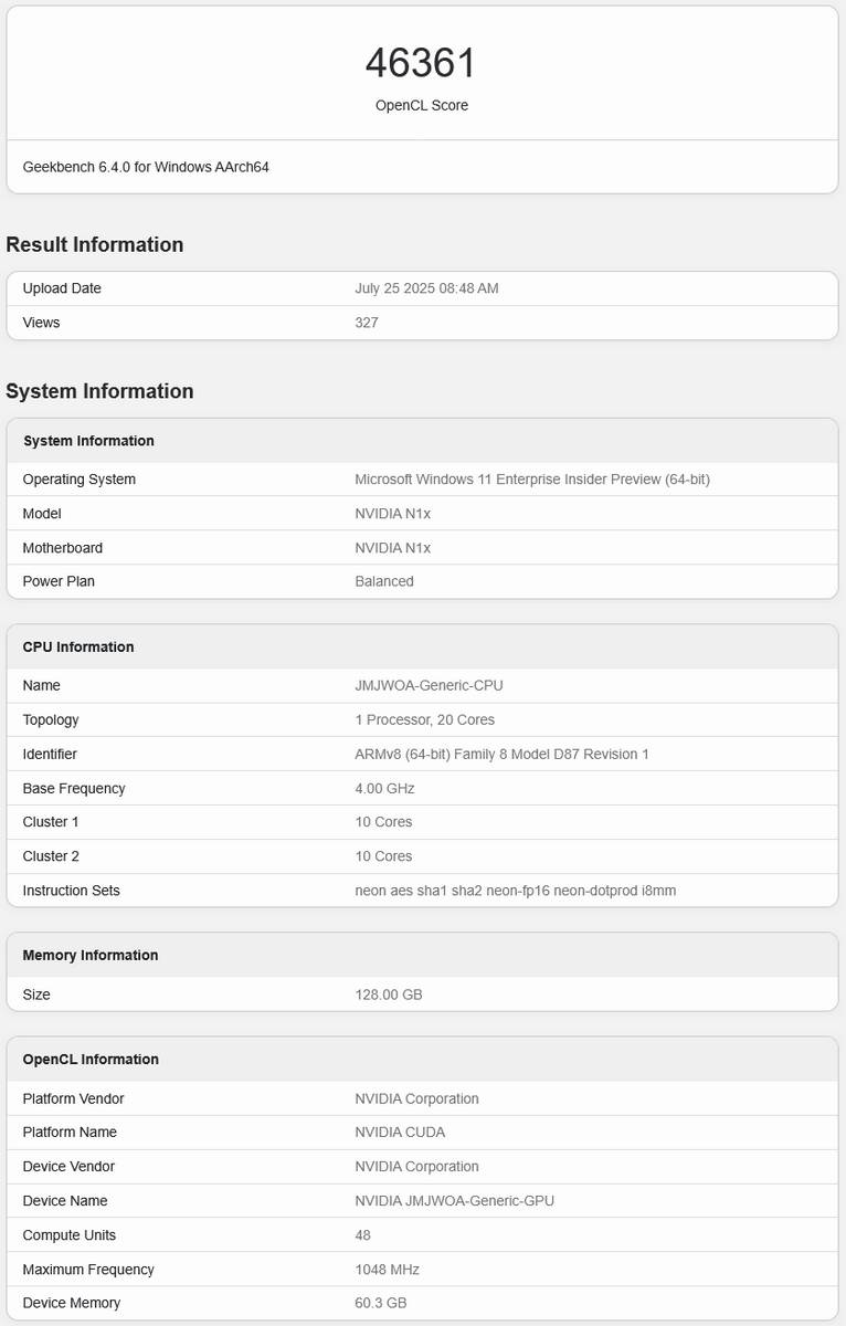 Nvidia N1X benchmark.