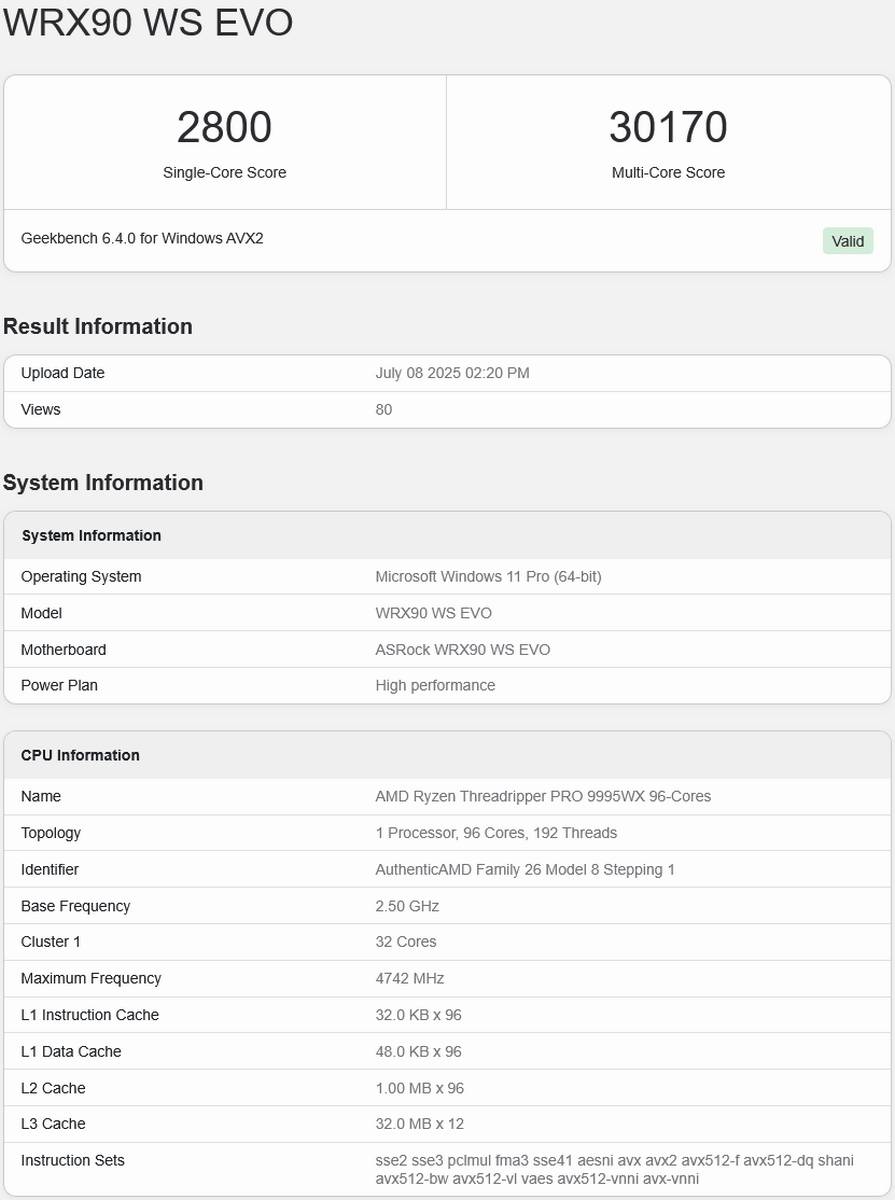 AMD Threadripper Pro 9995WX in Geekbench.