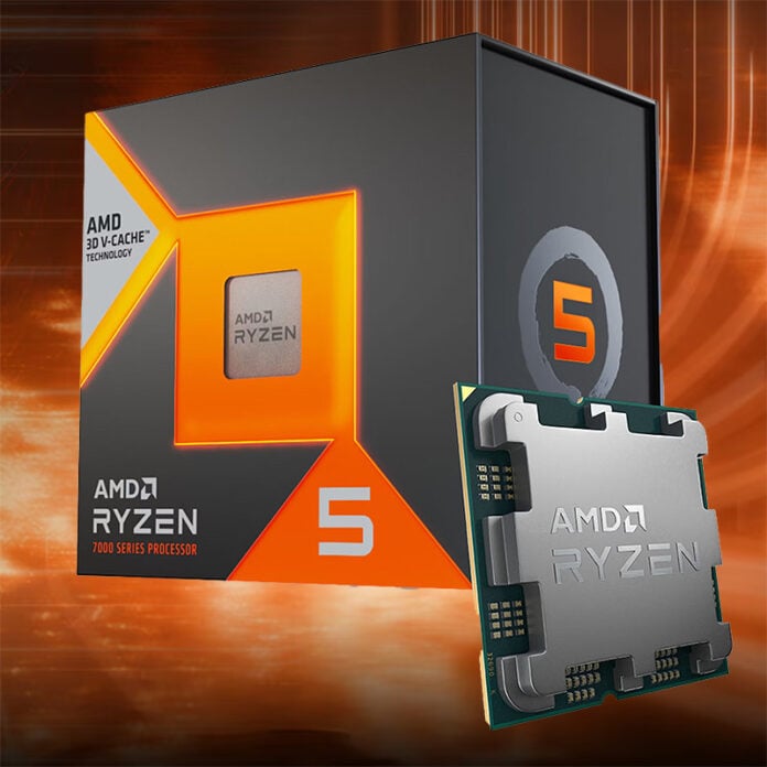 AMD Ryzen 5 7600X3D retail packaging (left), with a 3D render of a CPU to its right.