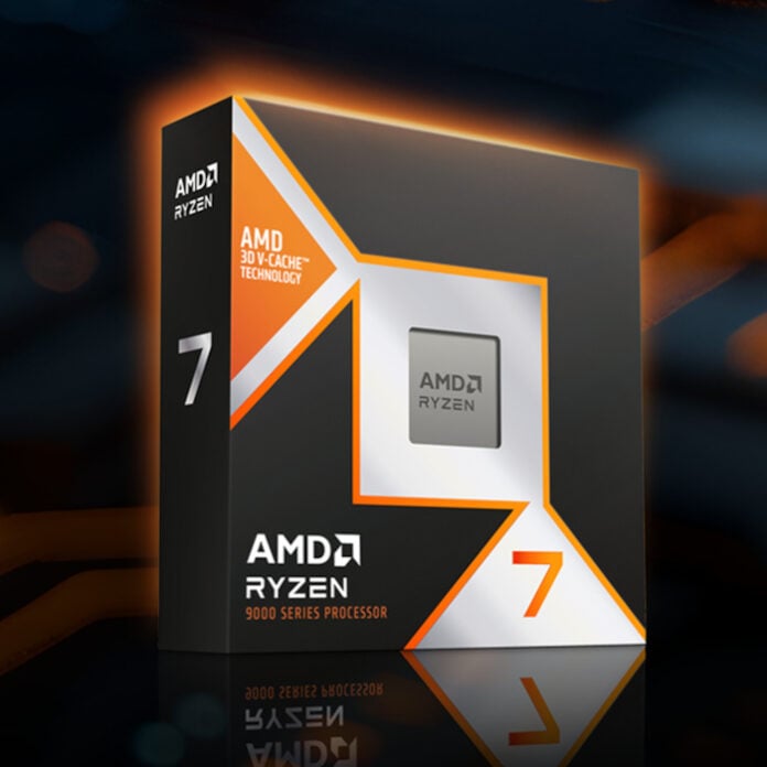 Render of Ryzen 7 9800X3D retail pcakaging, standing upright against a dark background.