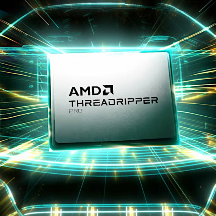 AMD Ryzen Threadripper Pro CPU, surrounded by blue and yellow light.