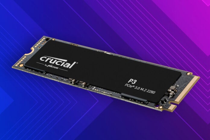 Crucial P310 SSD against a blue-pink background.