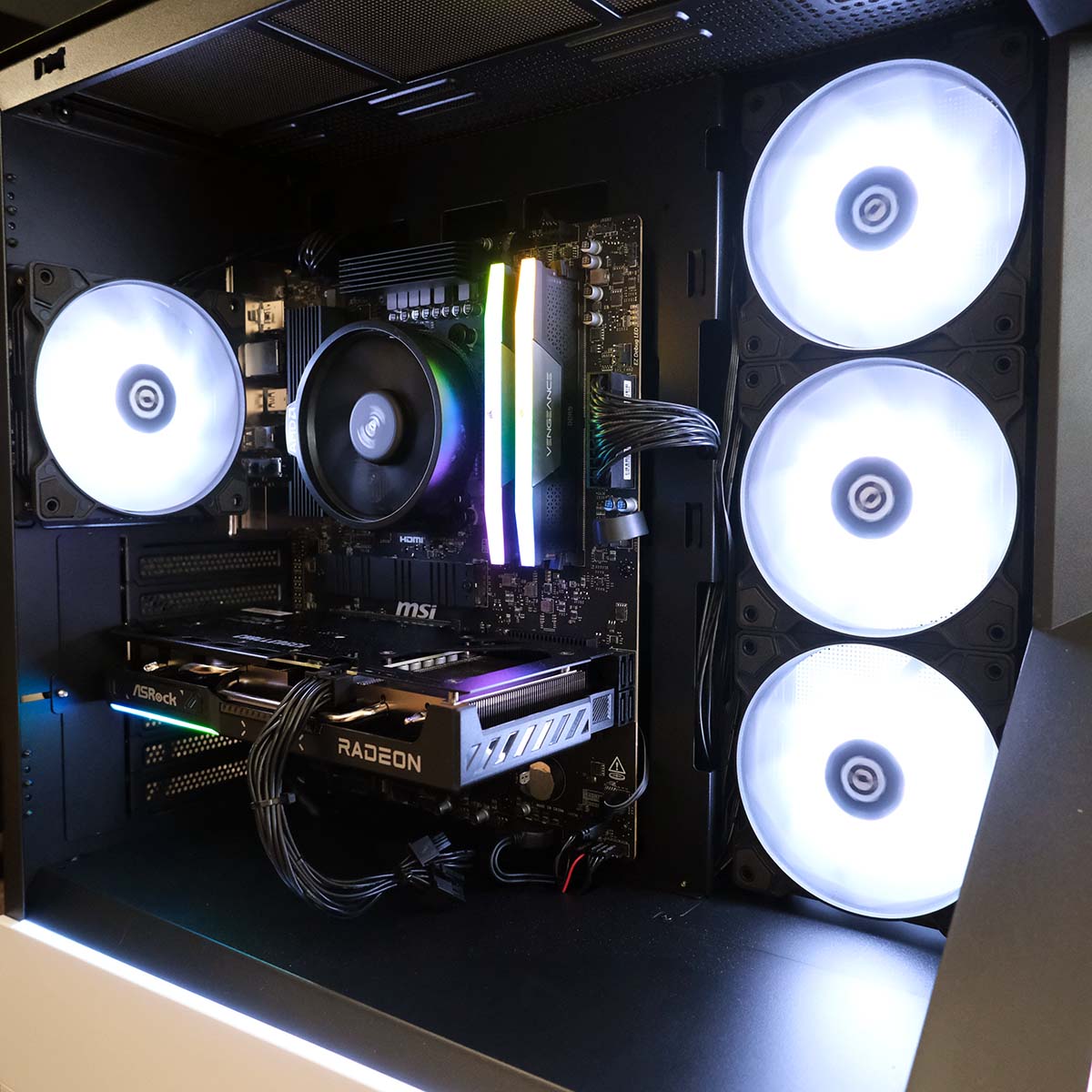A wide shot of CyberPowerPC Ultra R87 Pro's interior with RGB fans set to white.